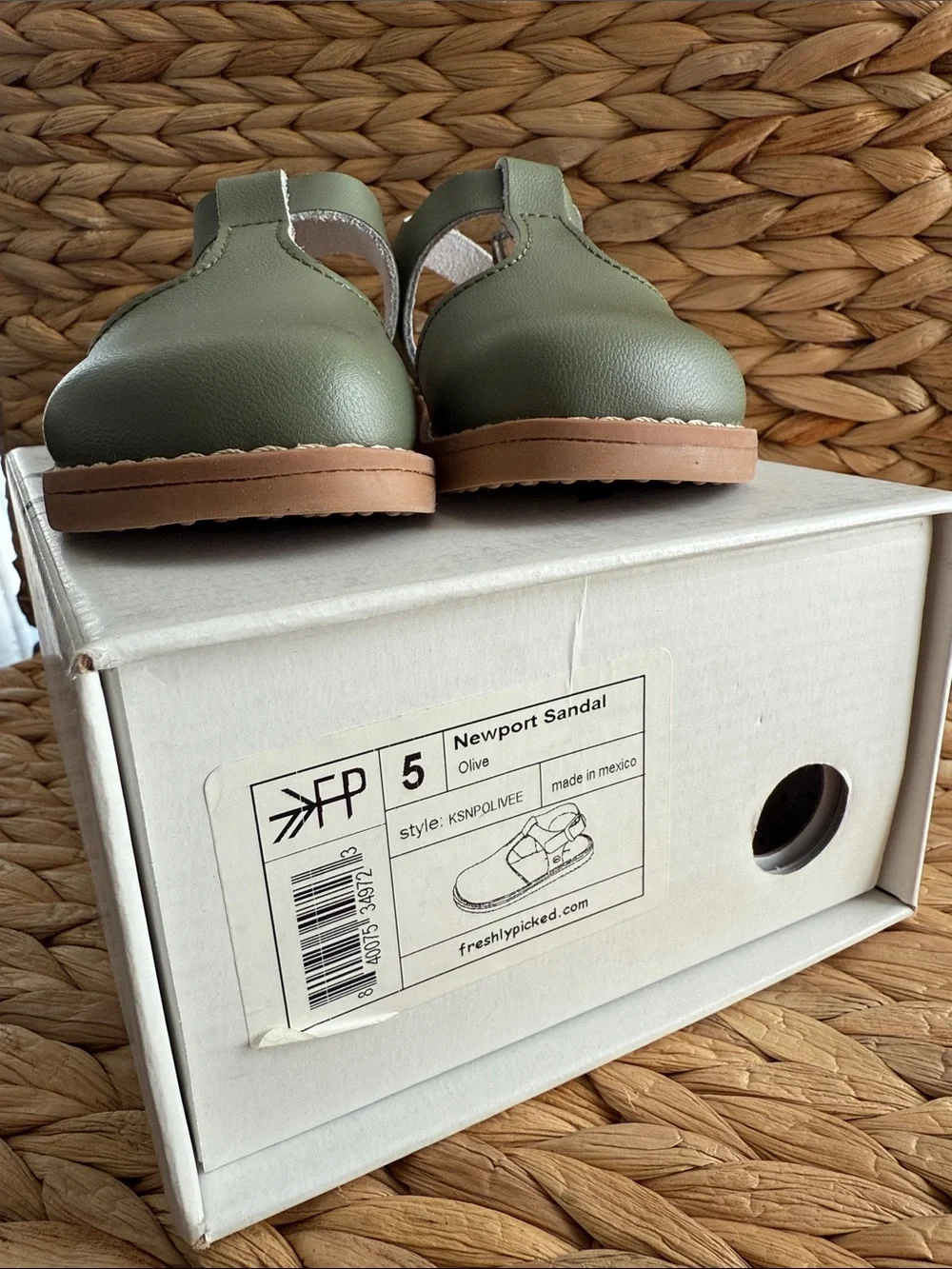 Freshly Picked Newport Sandals Kids Olive Green Leather T-Strap Sandals